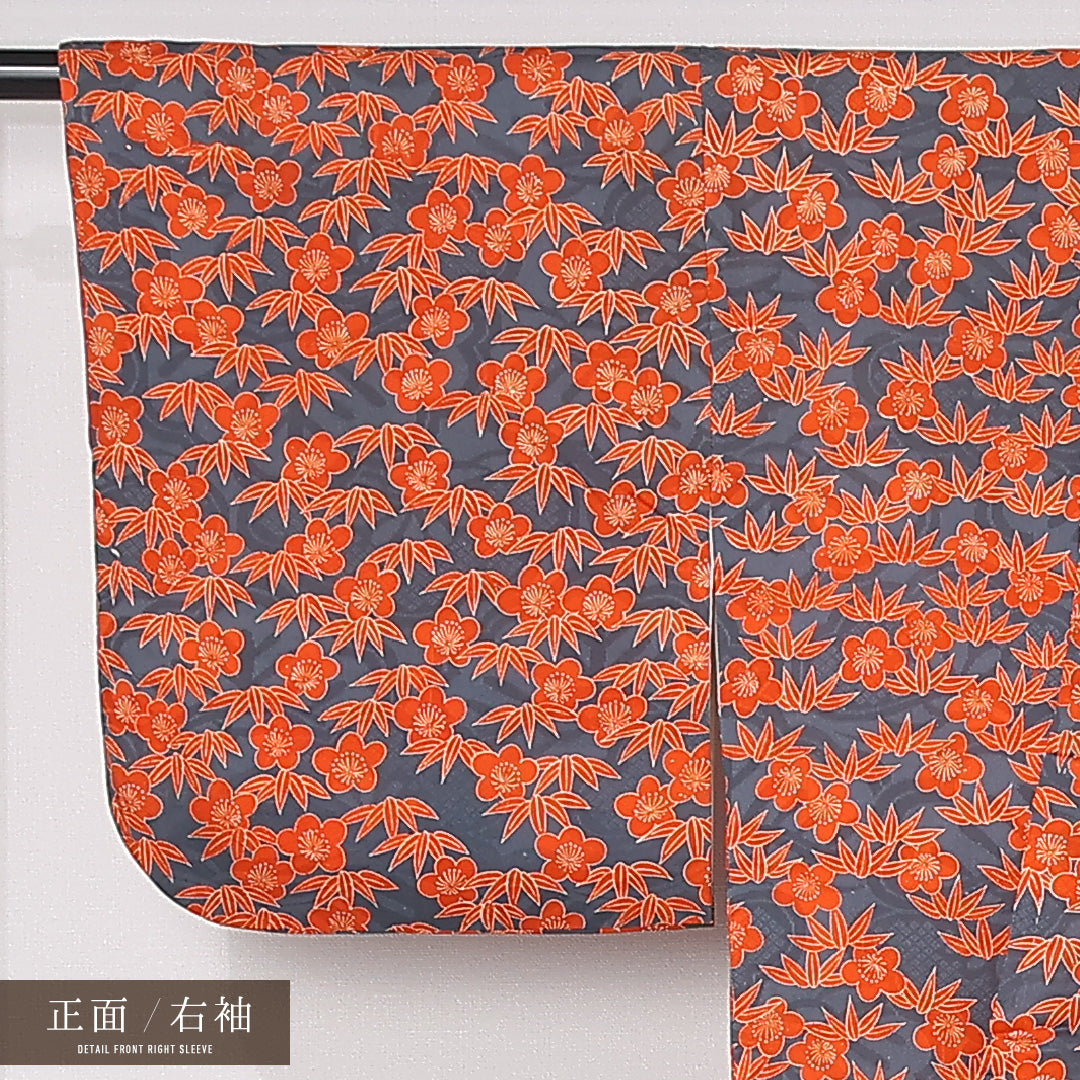 アンティーク 小紋 袷 身丈147cm 裄丈62cm 正絹 Cランク 広衿 XSサイズ 梅 笹 紺系 M4 1221-12477