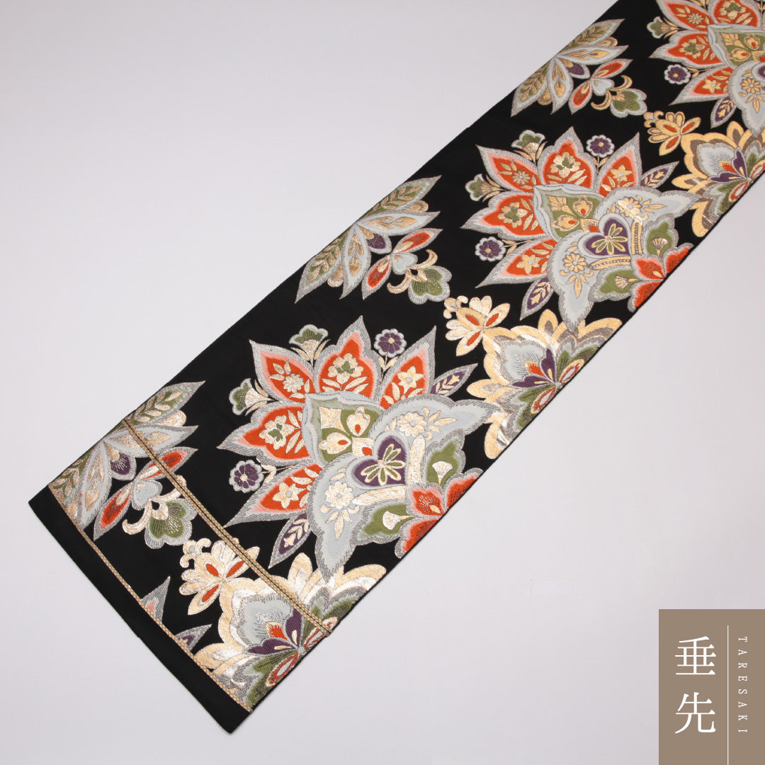 袋帯 帯丈416cm 正絹 六通 フォーマル 唐織 唐草華文 金系 黒系 1243-01283