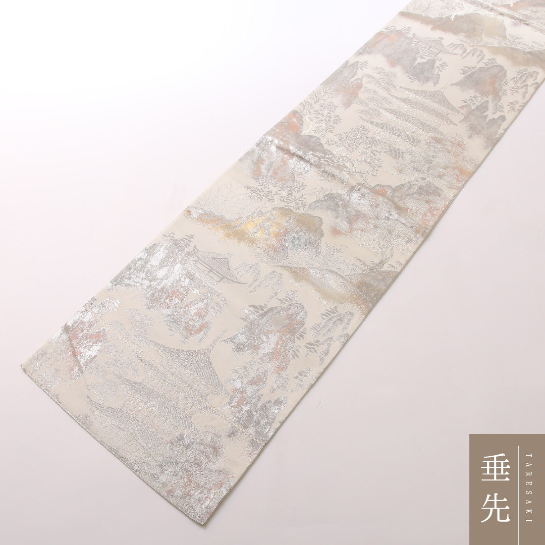 袋帯 帯丈430cm 正絹 六通 セミフォーマル 彩京錦 京洛百景 白系 銀系 1243-01661
