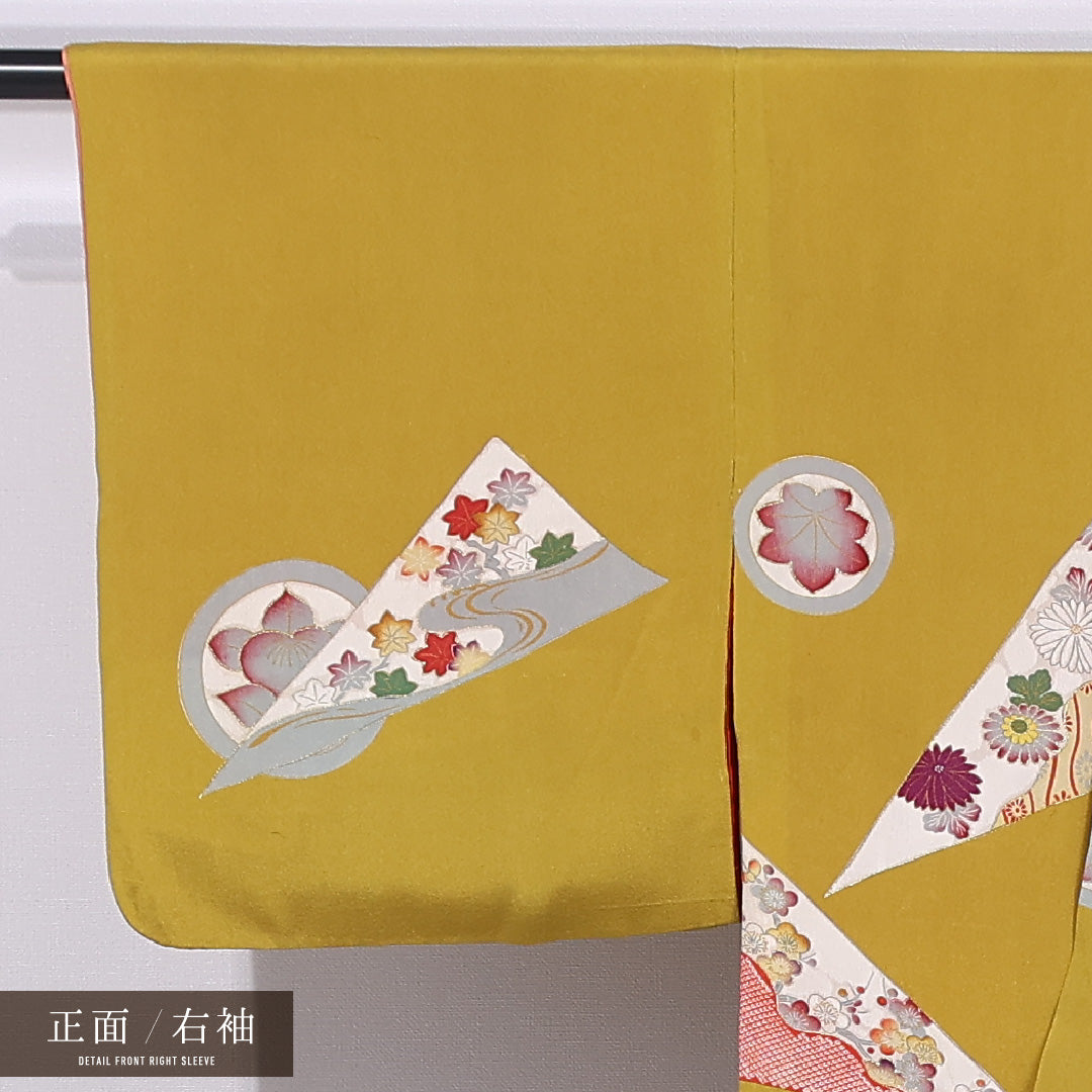 アンティーク 小紋 袷 身丈150cm 裄丈62cm 正絹 Bランク バチ衿 Sサイズ 花柄 紅葉 黄系 M4 1221-11787