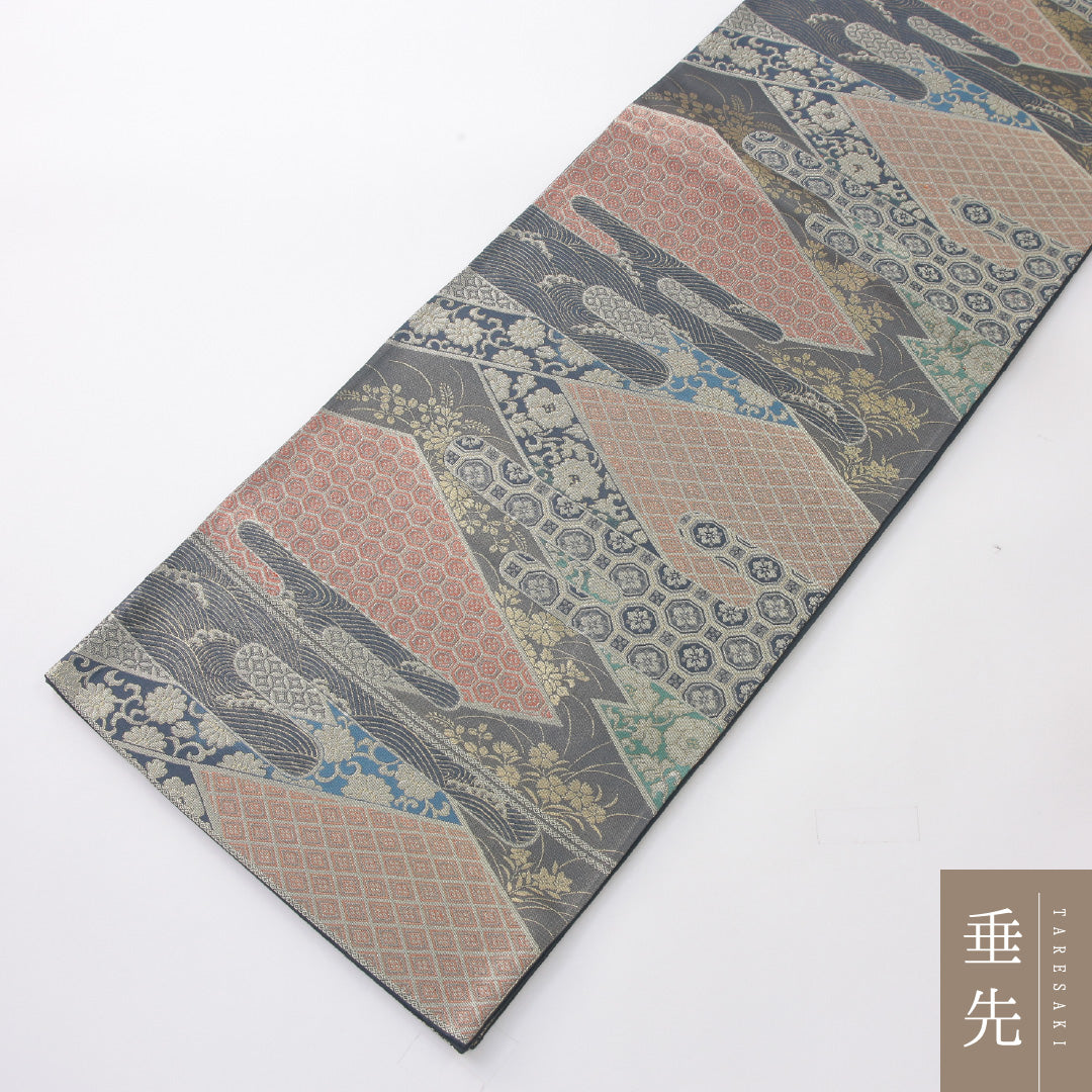 袋帯 帯丈424cm 正絹 六通 帯芯なし フォーマル 松皮菱 吉祥文様 青系 1243-02242
