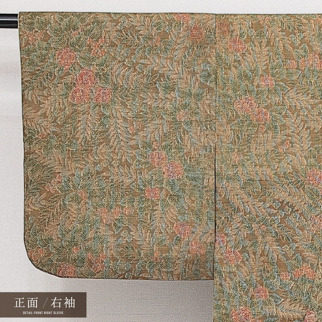 紬 袷 身丈155cm 裄丈64cm 正絹 Sランク カジュアル バチ衿 Mサイズ 植物柄 茶系 RP 1223-14553