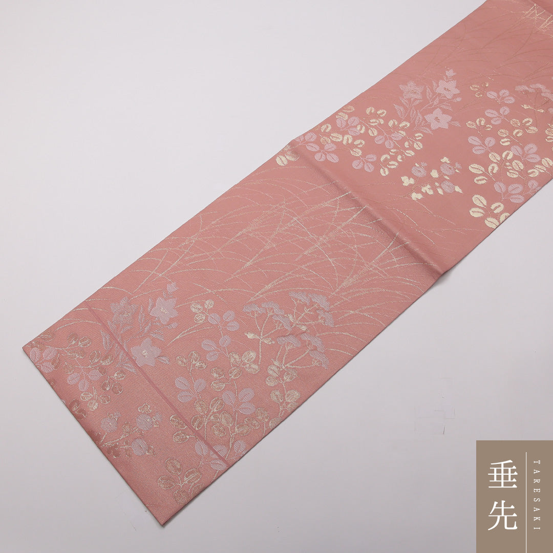 夏物 袋帯 帯丈424cm 正絹 六通 セミフォーマル 秋草文 ピンク系 1243-01443