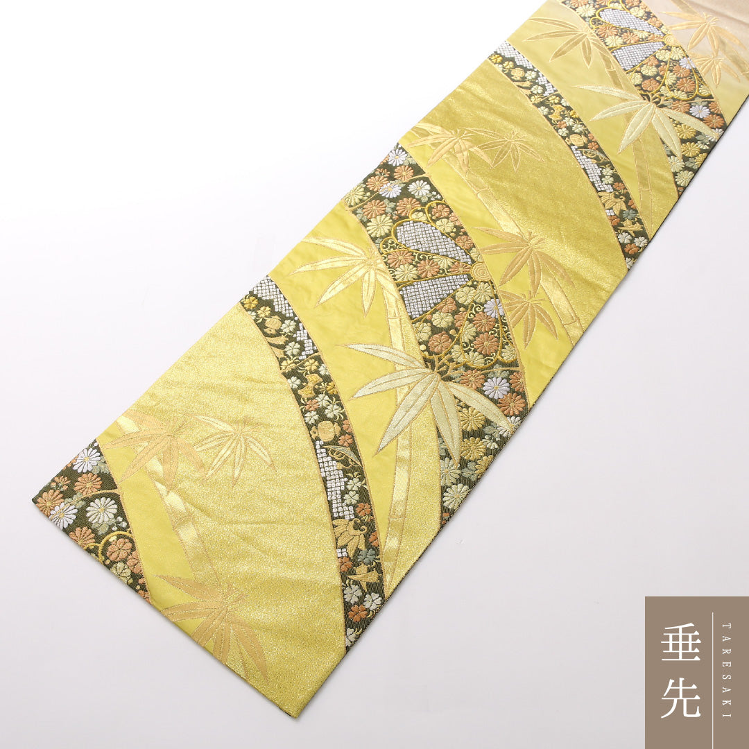 袋帯 帯丈424cm 正絹 全通 フォーマル 裂取り 吉祥文様 金系 黄系 1243-01675