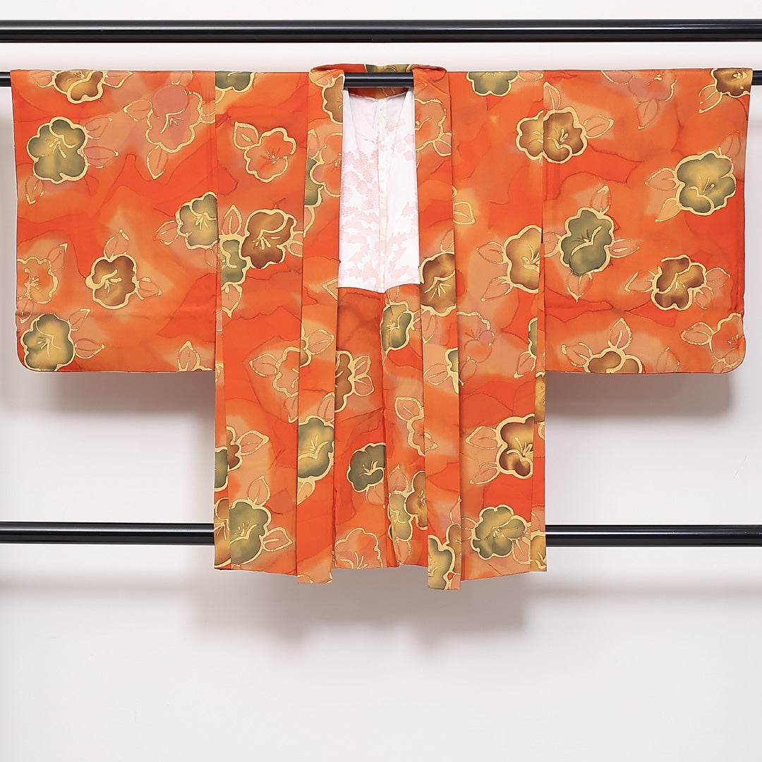 羽織 袷 身丈85cm 裄丈66cm 正絹 Sランク カジュアル Mサイズ ぼかし染 花柄 朱系 RP 1232-06147