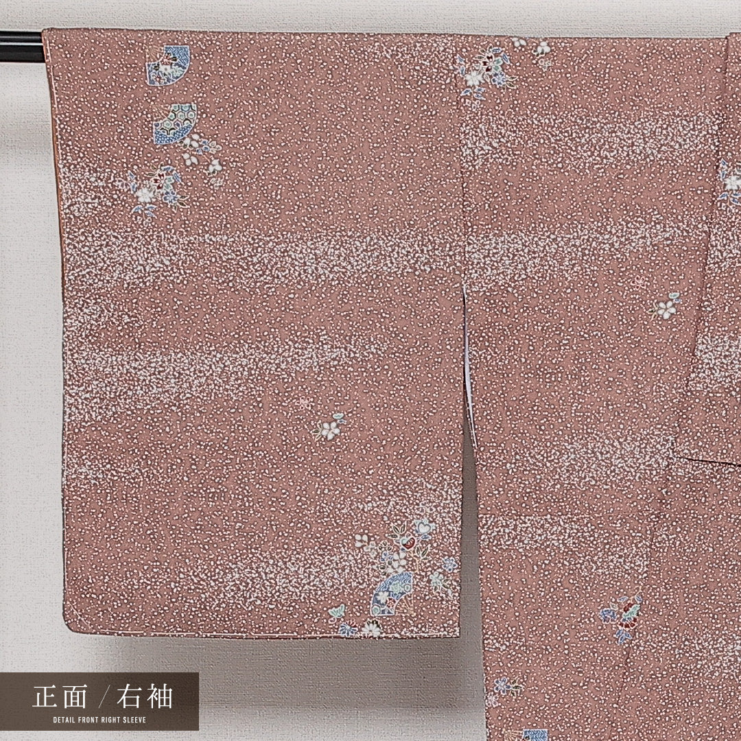 洗える着物 小紋 袷 身丈140cm 裄丈60cm ポリエステル Sランク インフォーマル 広衿 XSサイズ 扇 桜 茶系 RP 1221-13582