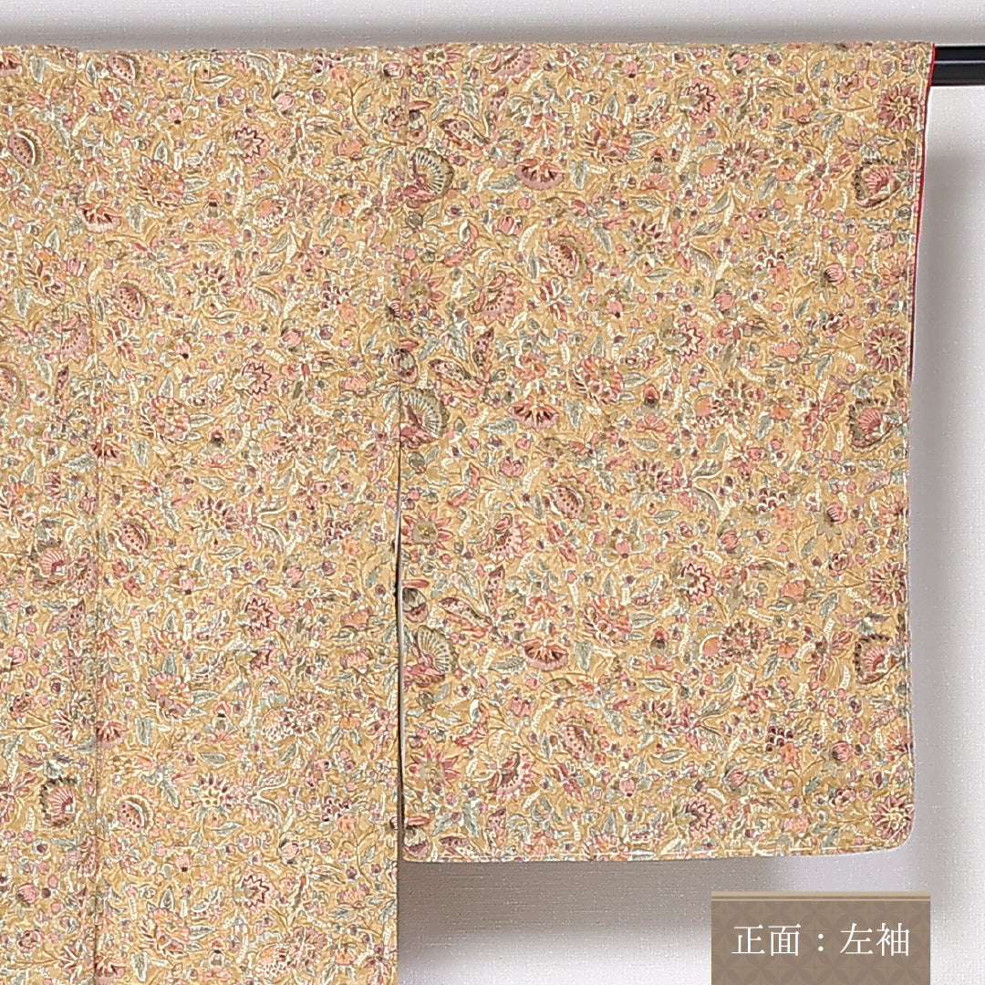 小紋 袷 身丈160cm 裄62.5cm 正絹 ちりめん 更紗 後染め 黄系 紬 Sランク しつけ糸 1215-02444