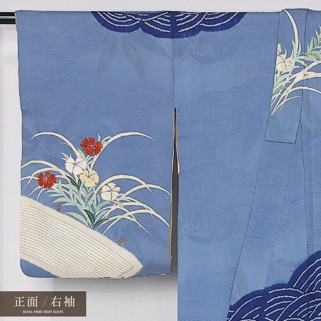 アンティーク 訪問着 袷 身丈152cm 裄丈64cm 正絹 Aランク 一つ紋 (橘) バチ衿 Sサイズ 金箔 刺繍 青海波 撫子 青系 M4 1217-12508