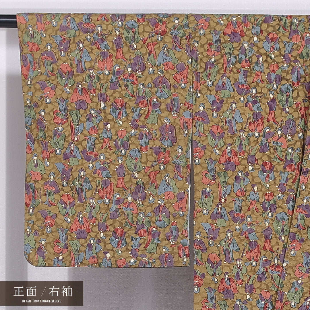 小紋 袷 身丈155cm 裄丈64cm 正絹 Aランク インフォーマル 広衿 Mサイズ 人物 花柄 緑系 HP 1221-11736