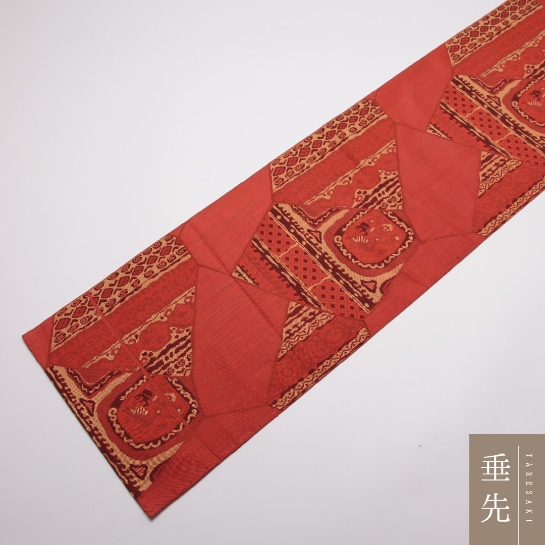 袋帯 帯丈436cm 正絹 六通 インフォーマル ペルシャ文様 朱系 1243-01391