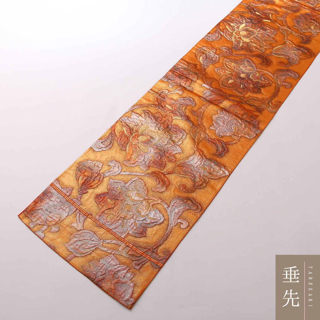 袋帯 帯丈420cm 正絹 六通 フォーマル ふくれ織 唐草華文 古典柄 朱系 1243-01670