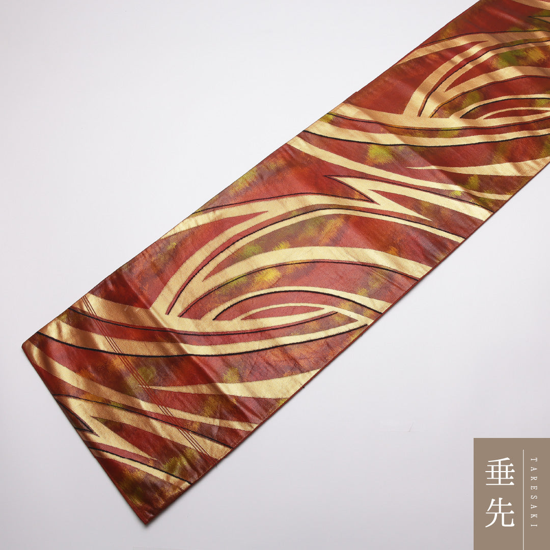 袋帯 帯丈420cm 正絹 六通 帯端のみ未仕立て インフォーマル 創作柄 赤系 1243-01330