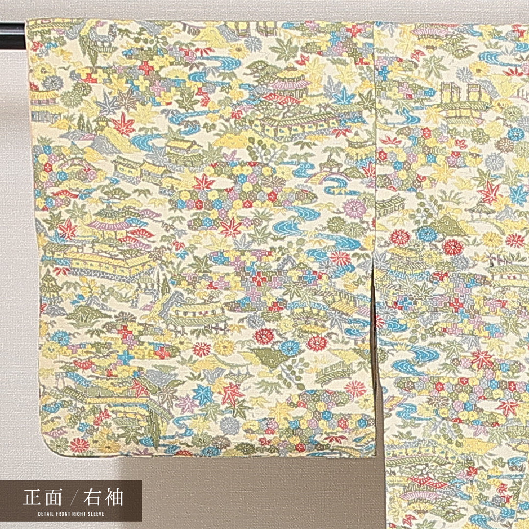 小紋 袷 身丈147cm 裄丈61cm 正絹 Sランク インフォーマル バチ衿 XSサイズ 楼閣 花柄 クリーム系 RP 1221-14933