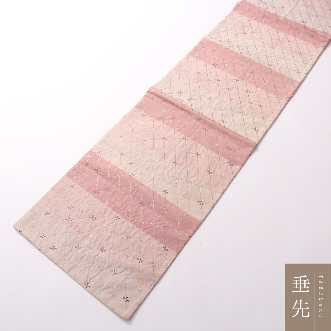 九寸名古屋帯 Sランク 帯丈358cm 正絹 六通 開き仕立て 織り インフォーマル 花菱 ピンク系 RP 1245-02836