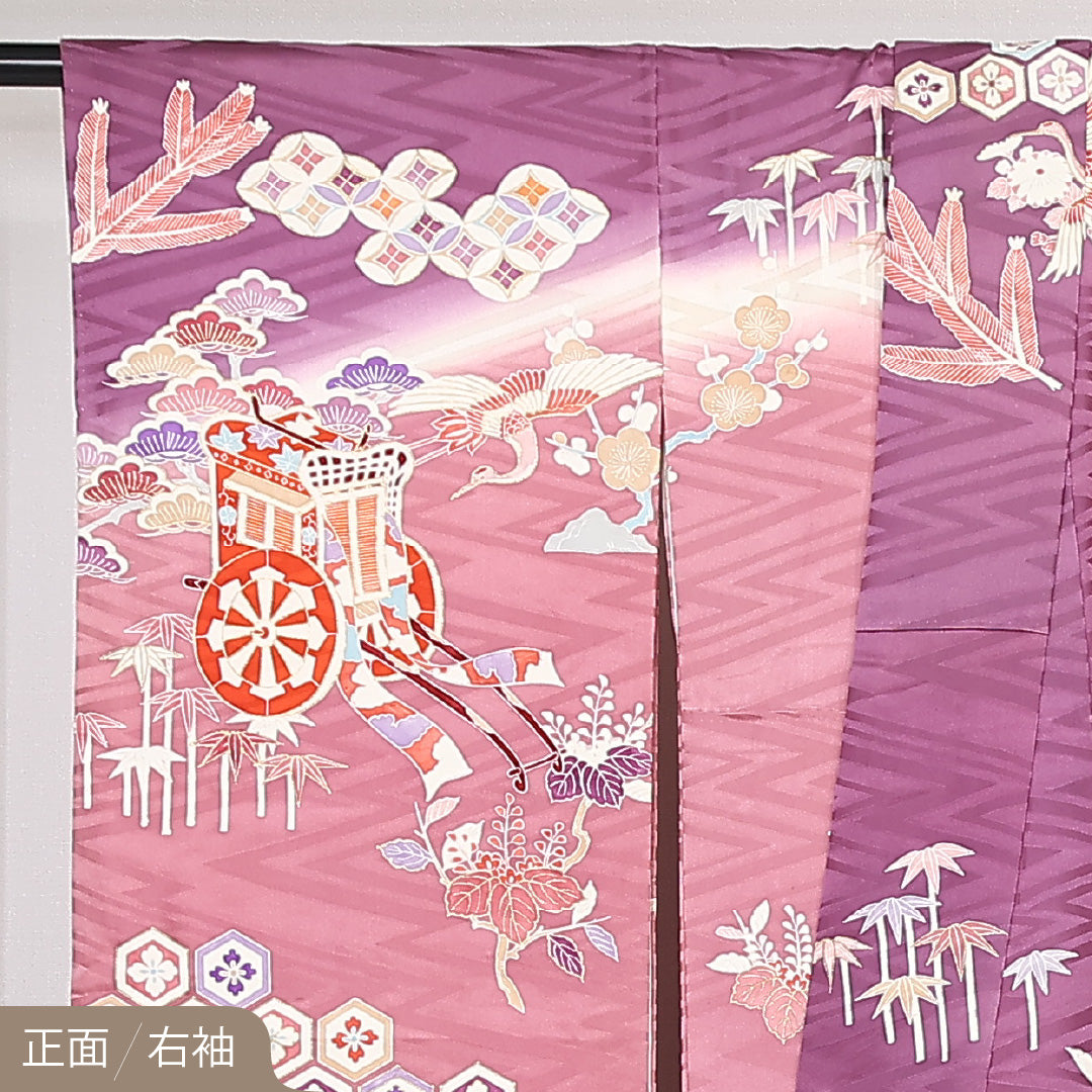 振袖 身丈173cm 裄丈69.5cm Sランク 正絹 袷 広衿 2XL 金駒刺繍 御所車 フォーマル 紫系 1213-F0516