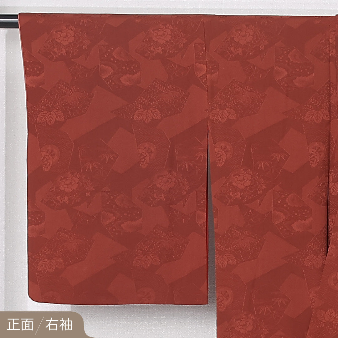 アンティーク 錦紗 色留袖 一つ紋 蔦 身丈154cm 裄丈65cm Aランク 正絹 袷 バチ衿 S 刺繍 向かい鳥 梅 紅葉 古典的 格調高い 赤系 1211-F0510