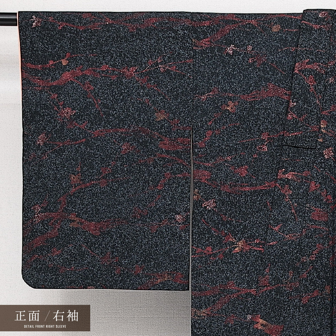 アンティーク お召 袷 身丈145cm 裄丈60cm 正絹 Aランク バチ衿 XSサイズ 漆糸 植物柄 紺系 RP 1222-14312