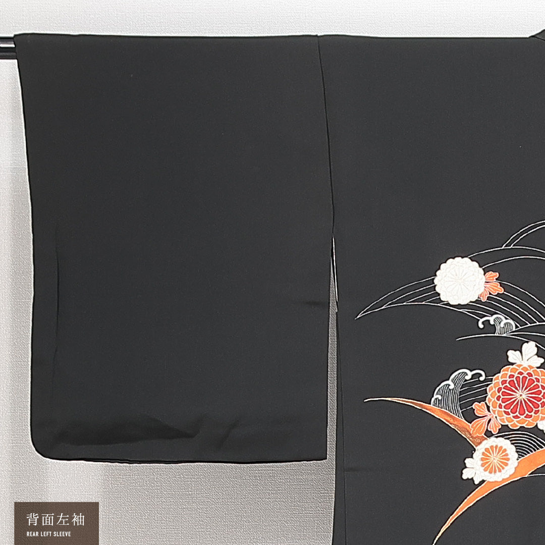 黒羽織 袷 身丈79cm 裄丈64cm 正絹 Sランク Mサイズ インフォーマル 紐あり 絵羽羽織 菊 黒系 1217-14758