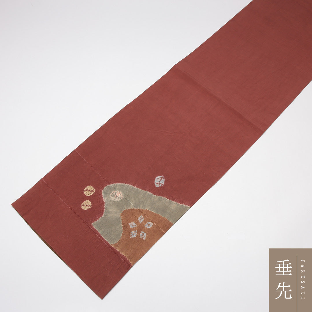 袋帯 帯丈450cm 正絹 ポイント柄 染め帯 インフォーマル 絞り 流水 茶系 赤系 1243-01229