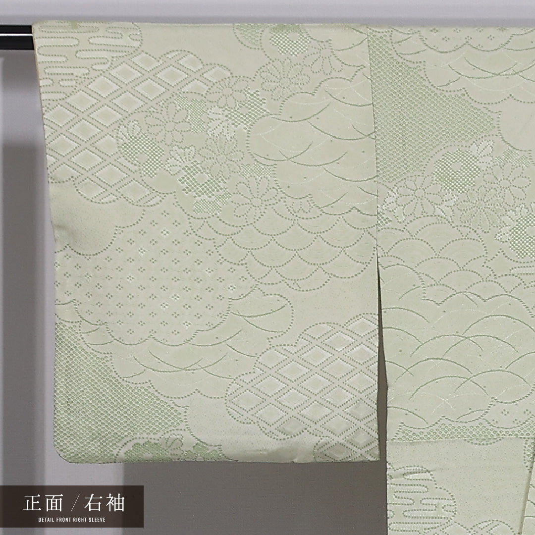 小紋 袷 身丈159cm 裄丈66cm 正絹 Bランク 一つ紋 (木瓜) セミフォーマル 広衿 Mサイズ 雲取り 菱 菊 芝草 緑系 RP 1221-11873