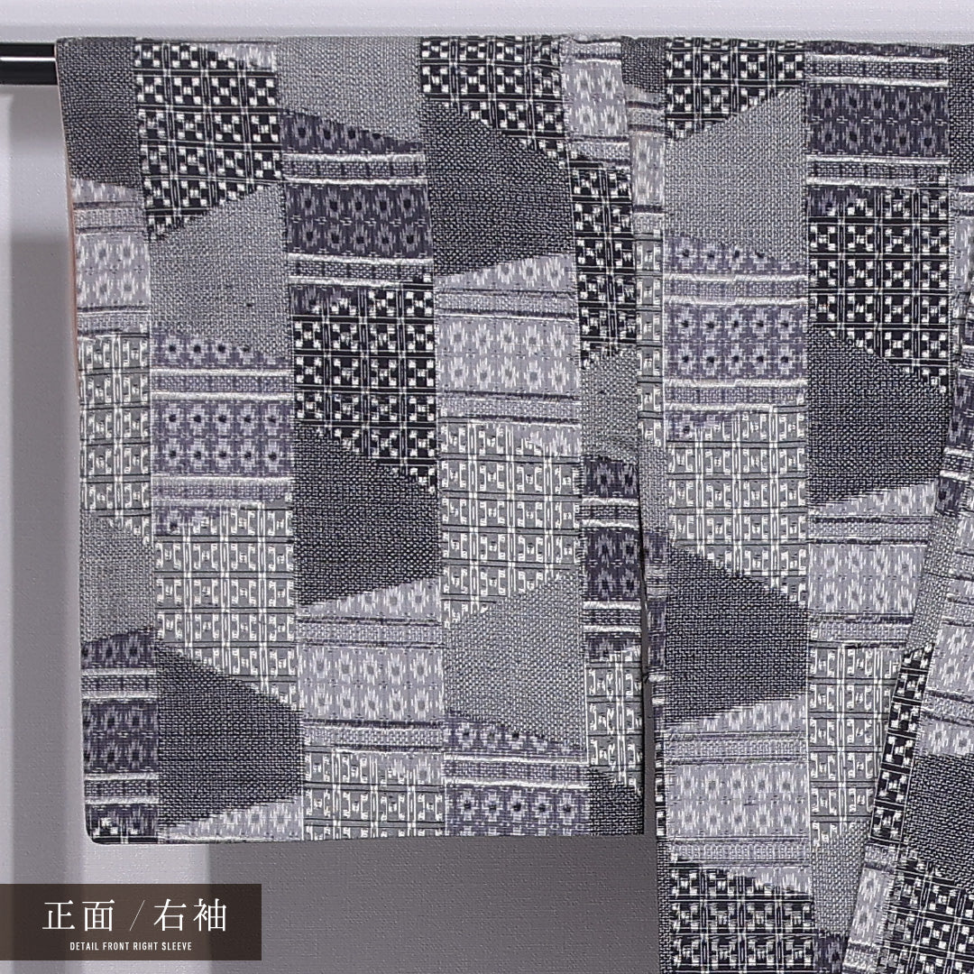 紬 袷 身丈161cm 裄丈65cm 正絹 Cランク カジュアル 広衿 Lサイズ 創作柄 グレー系 LP 1223-11870
