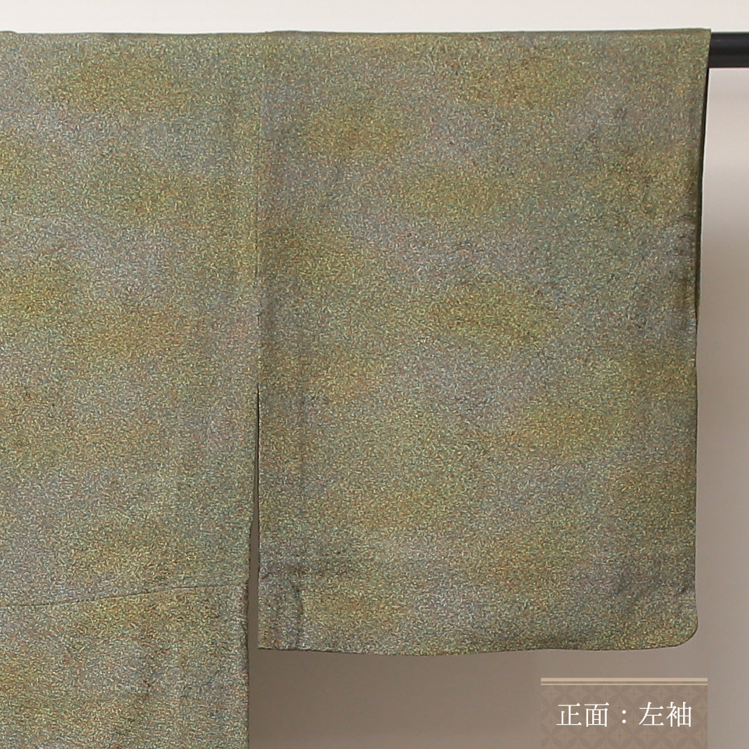 小紋 単衣 身丈149cm 裄丈62cm 正絹 Sランク インフォーマル 広衿 XSサイズ ぼかし染 金彩 抽象柄 緑系 RP 1221-02181
