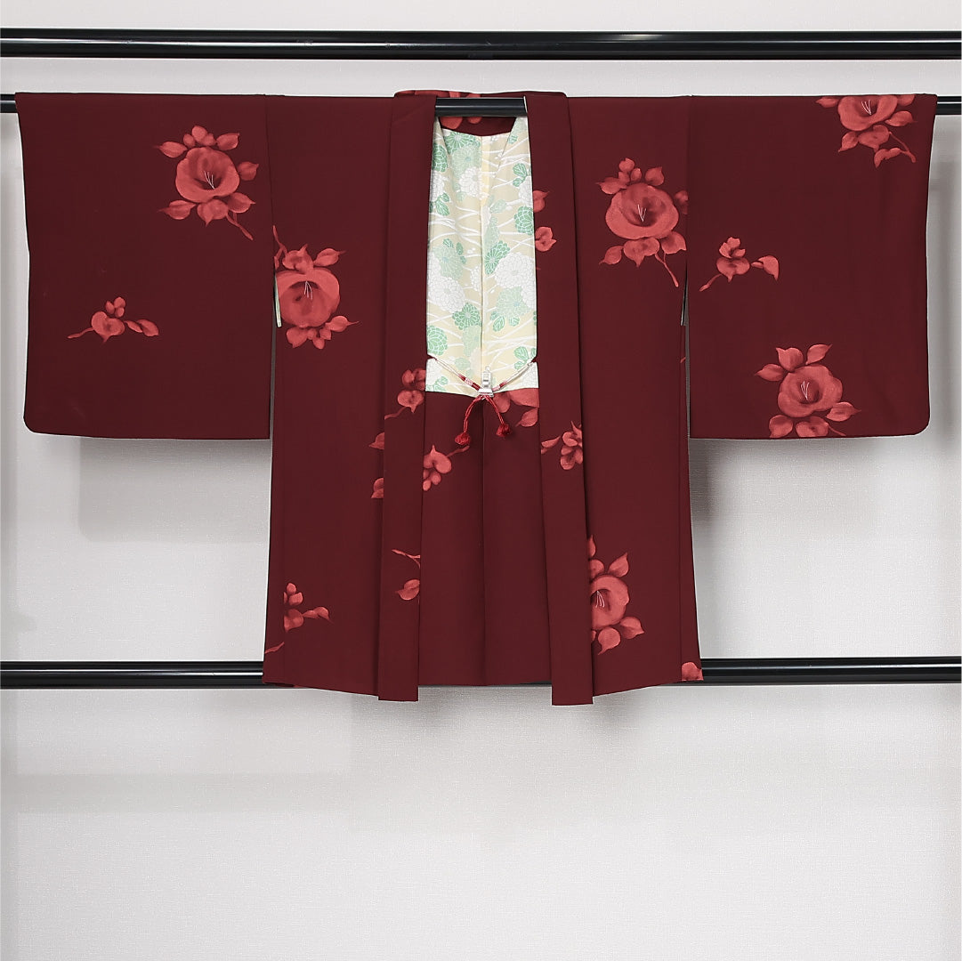 羽織 袷 身丈80cm 裄丈64cm 正絹 Aランク カジュアル Mサイズ 紐あり 花柄 赤系 M4 1232-12613