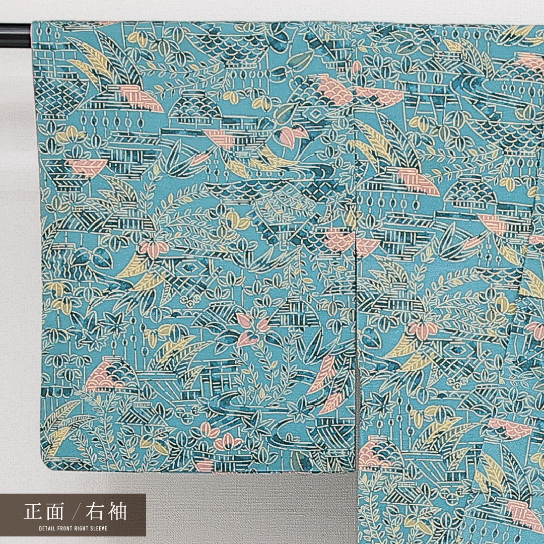 小紋 袷 身丈152cm 裄丈61cm 正絹 Aランク インフォーマル 広衿 Sサイズ 植物柄 水色系 RP 1221-14552