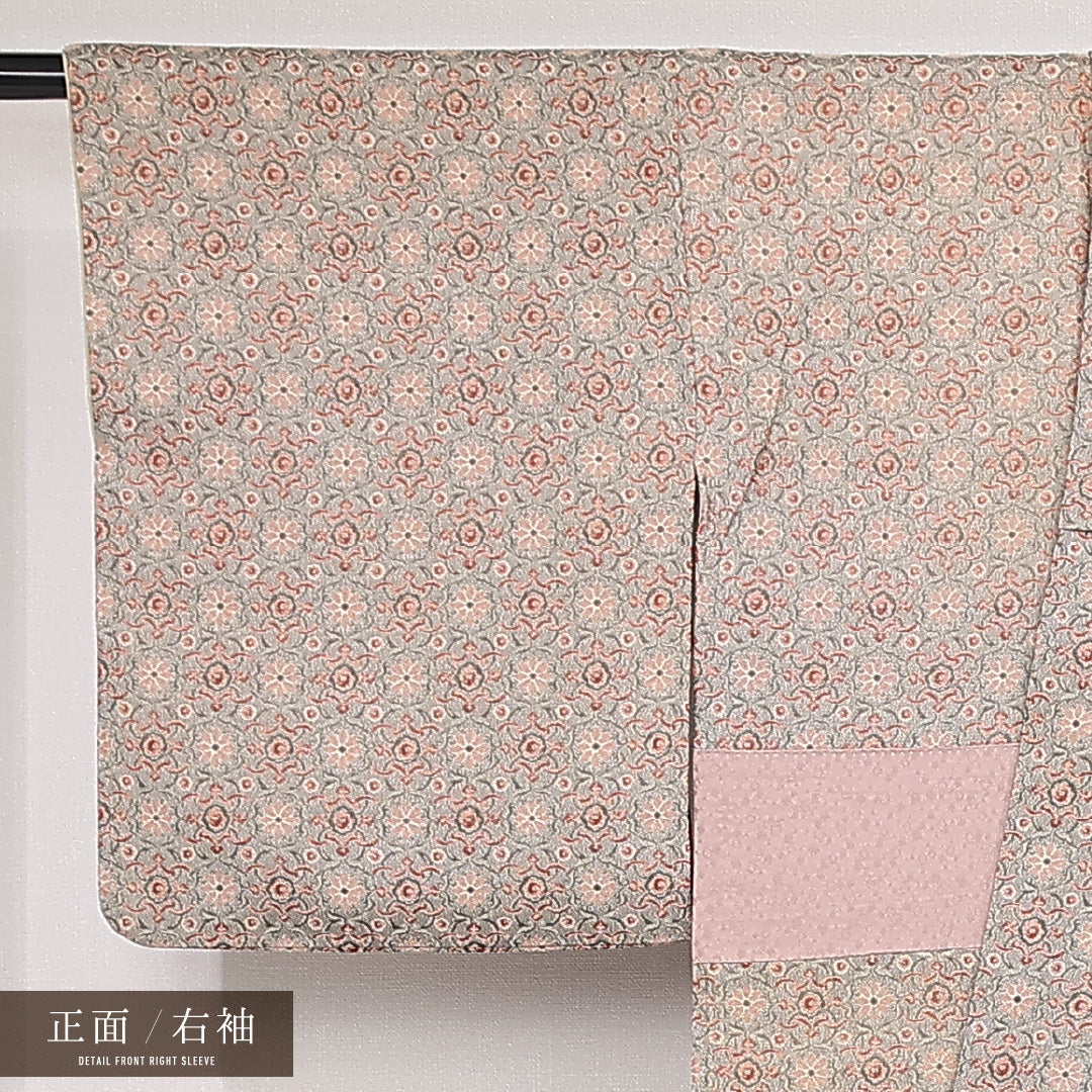 お召 袷 身丈159cm 裄丈63cm 正絹 Aランク インフォーマル 広衿 Mサイズ 唐華 ベージュ系 RP 1222-13191