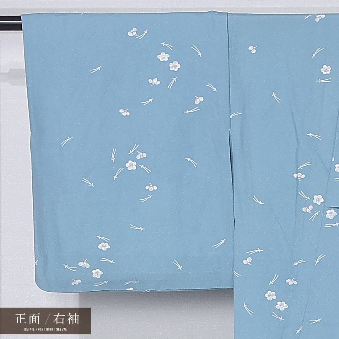 小紋 身丈154cm 裄丈67.5cm Cランク S 正絹 単衣 バチ衿 居敷当て 松葉 梅 カジュアル 水色系 1215-12322