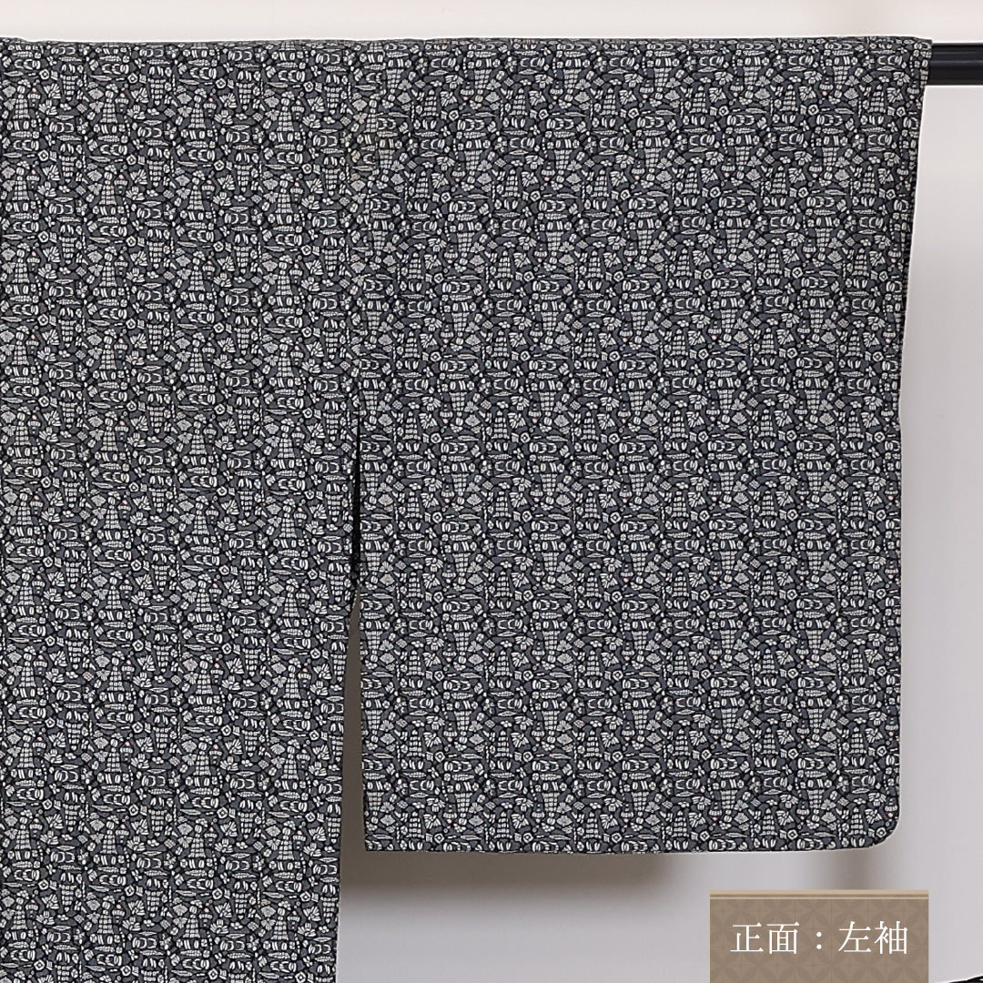 紬 単衣 身丈154cm 裄丈64cm 正絹 Cランク カジュアル 広衿 Sサイズ 創作柄 黒系 LP 1223-03722