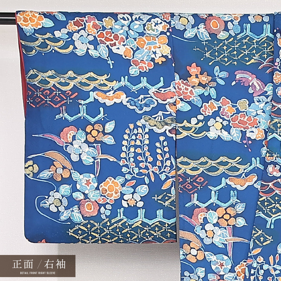小紋 袷 身丈160cm 裄丈62cm 正絹 Sランク インフォーマル バチ衿 Lサイズ 梅 松 吉祥文様 青系 RP 1221-13193