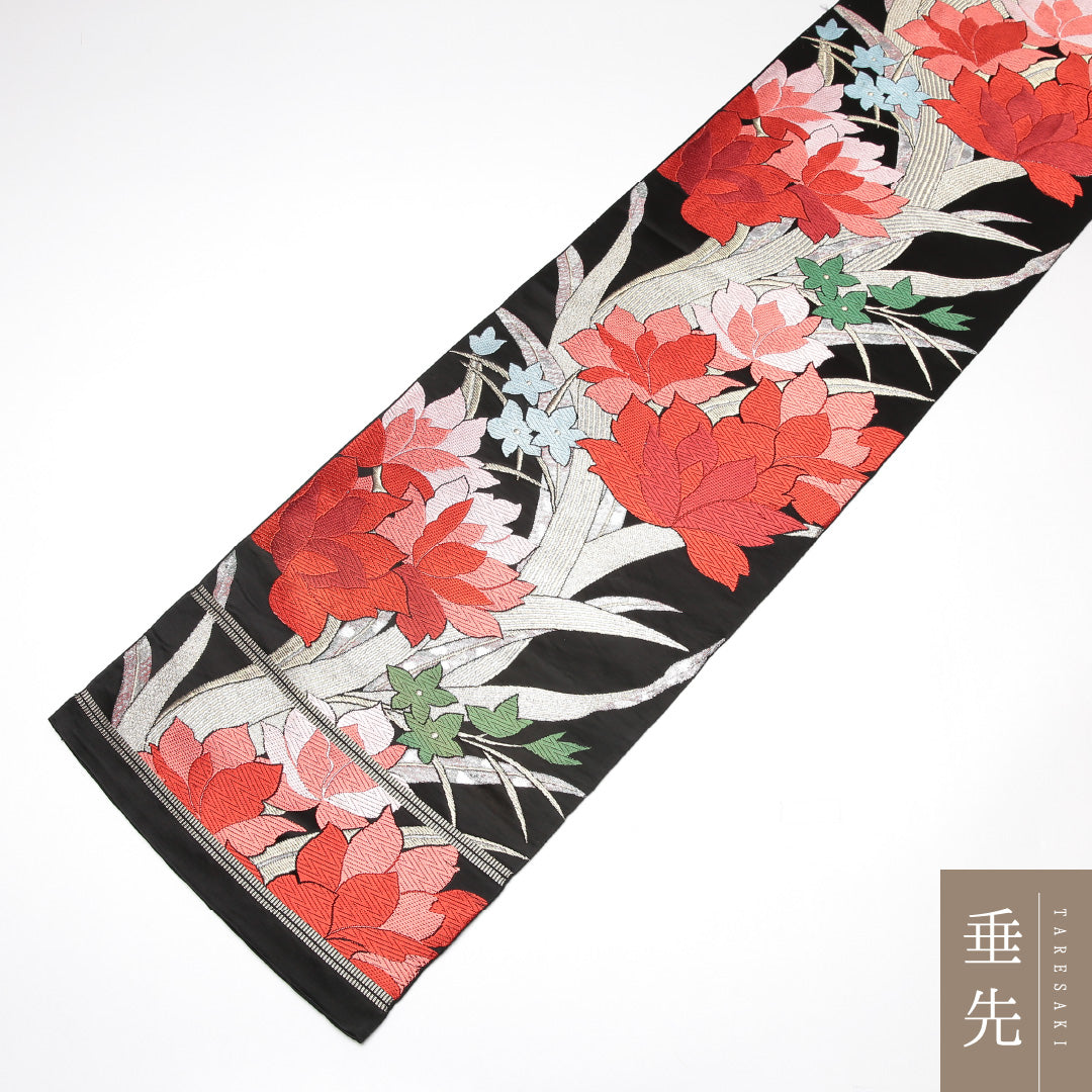 振袖用 袋帯 帯丈394cm 正絹 六通 芙蓉 金系 黒系 1243-01220