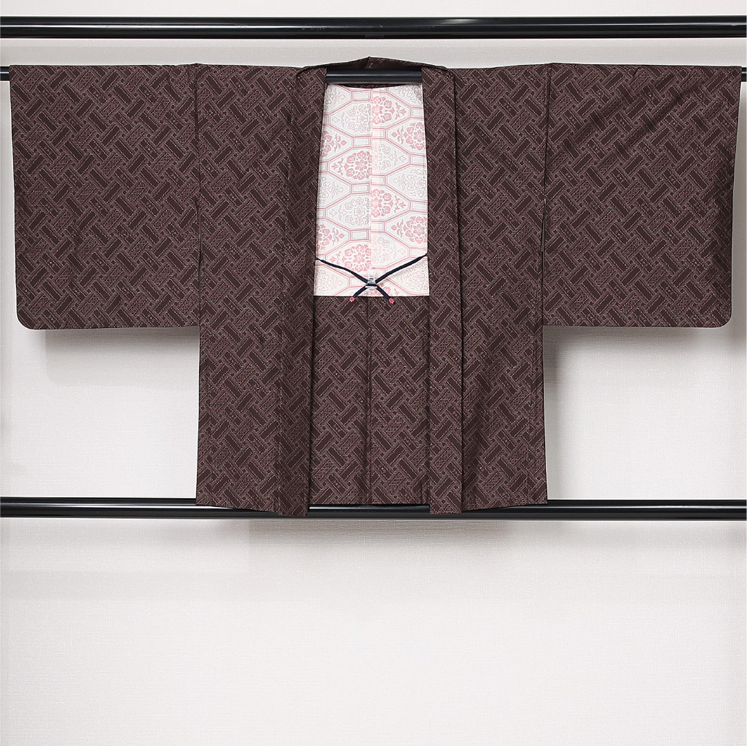 羽織 (大島紬) 袷 身丈78cm 裄丈65cm 正絹 Sランク インフォーマル Mサイズ 紐あり 創作柄 茶系 RP 1232-12768