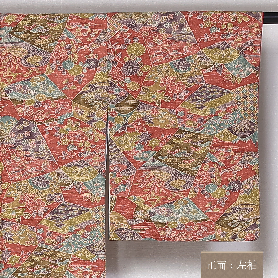 小紋 袷 身丈160cm 裄64cm 正絹 花柄 牡丹 松竹梅 赤系 Sランク 1215-02452