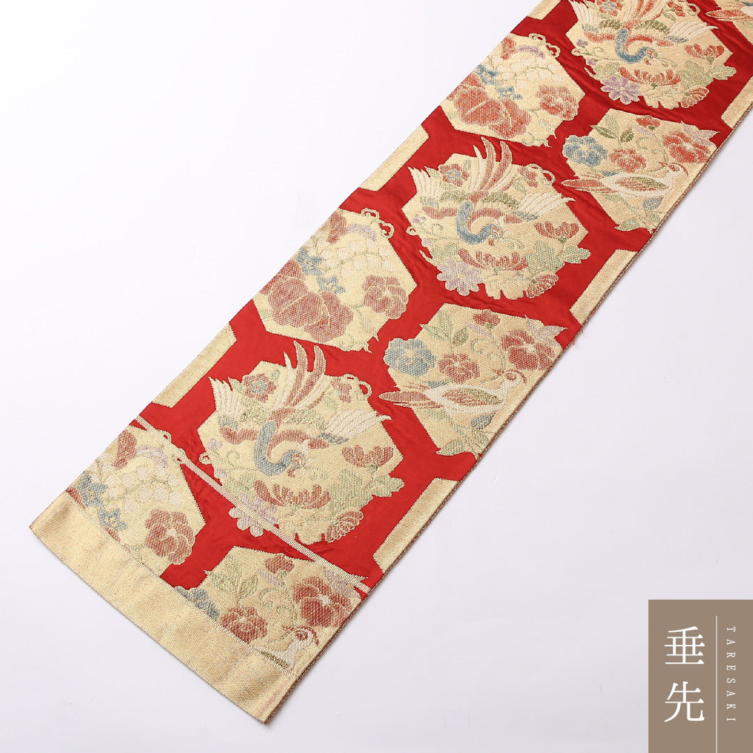 アンティーク 袋帯 帯丈414cm 六通 Aランク 正絹 花喰鳥 亀甲 古典的 重厚感 金系 1223-01530