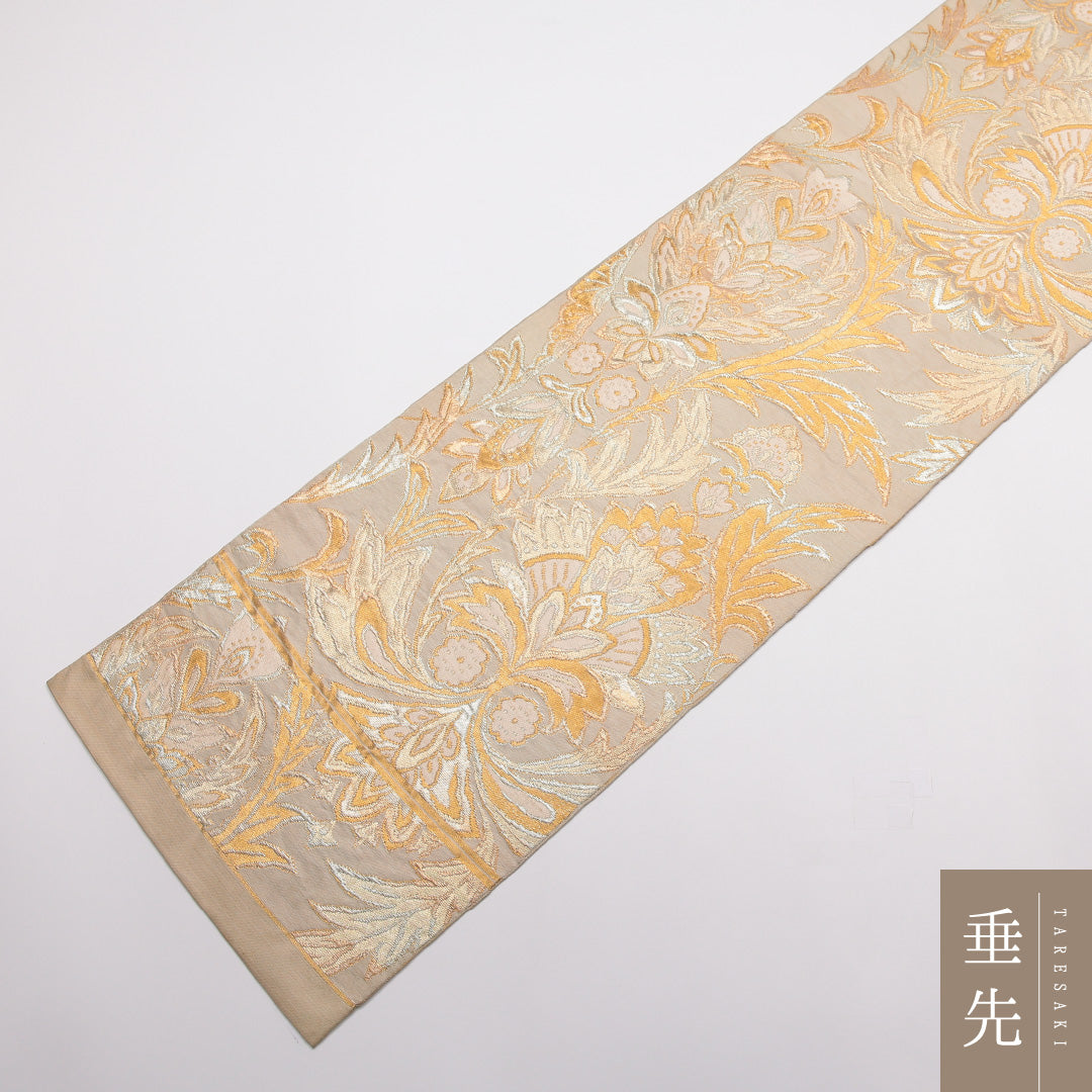 アンティーク 袋帯 帯丈408cm 正絹 六通 唐草華文 クリーム系 1243-01457