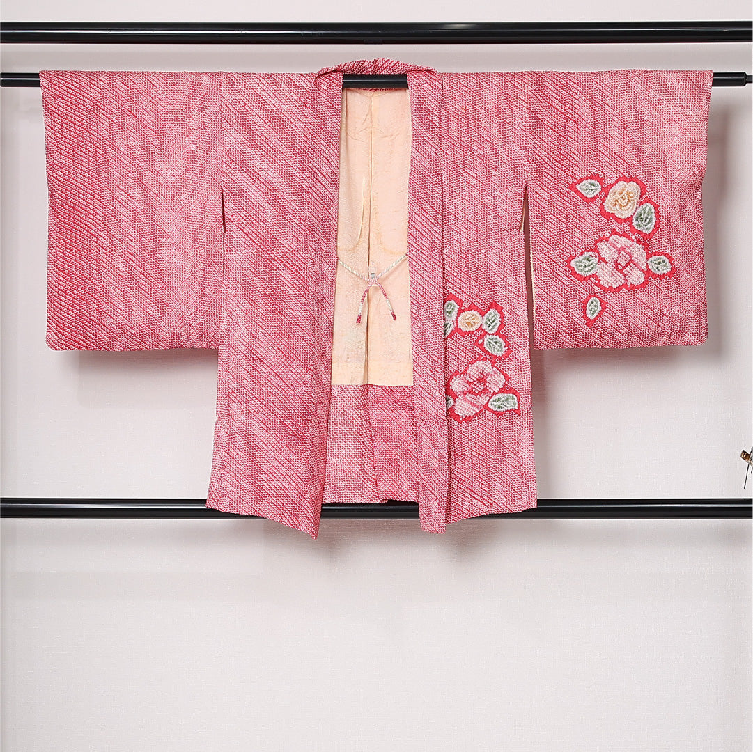 絵羽羽織 袷 身丈79cm 裄丈64cm 正絹 Bランク インフォーマル Mサイズ 紐あり 椿 ピンク系 RP 1234-12827
