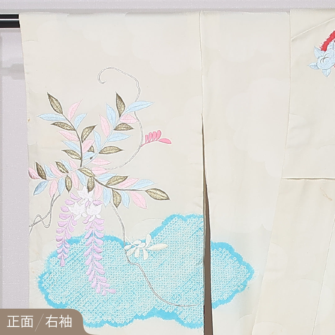 アンティーク 振袖 身丈155cm 裄丈64cm Cランク 正絹 袷 広衿 M 絞り 刺繍 雲取り 牡丹 古典的 落ち着き クリーム系 1213-F0452
