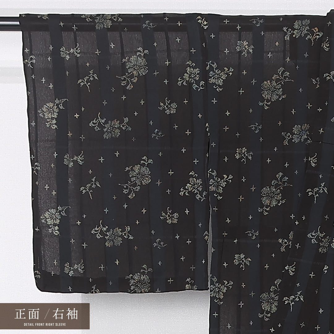 夏物 小紋 紗 身丈144cm 裄丈62cm 正絹 Sランク インフォーマル バチ衿 XSサイズ 花柄 黒系 RP 1221-12406