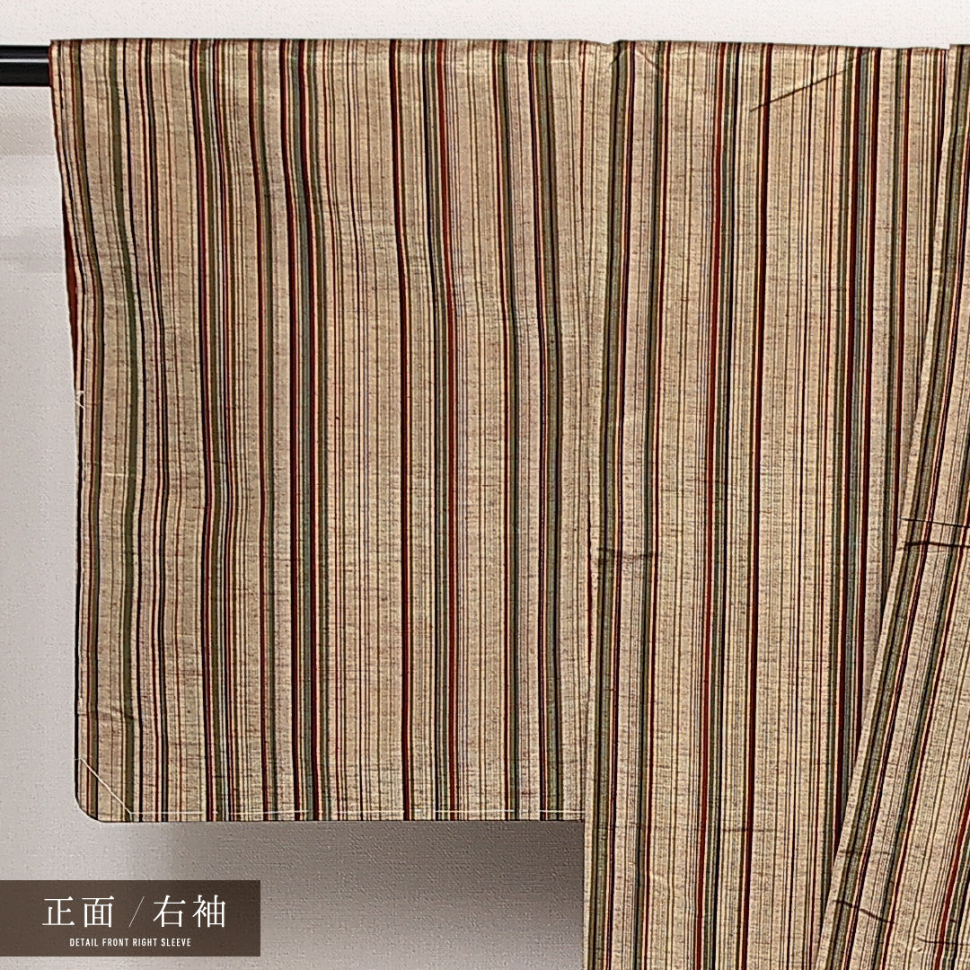 上田紬 袷 身丈160cm 裄丈63cm 正絹 Aランク カジュアル 広衿 Lサイズ 縞 茶系 HP 1223-14106