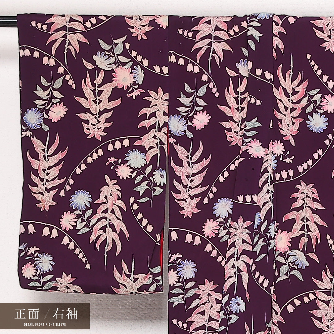 アンティーク 小紋 (錦紗) 袷 身丈148cm 裄丈63cm 正絹 Bランク バチ衿 XSサイズ 植物柄 紫系 RP 1221-13560
