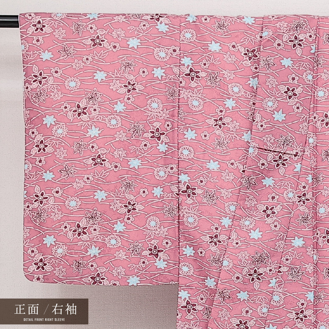 洗える着物 小紋 袷 身丈154cm 裄丈61cm ポリエステル Sランク インフォーマル 広衿 Sサイズ 花柄 ピンク系 RP 1221-14254