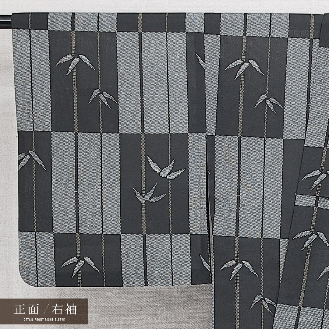 小紋 夏物 洗える着物 夏物 身丈165cm 裄丈65cm ポリエステル Sランク XLサイズ 広衿 インフォーマル 縞 笹 グレー系 緑系 1215-14576