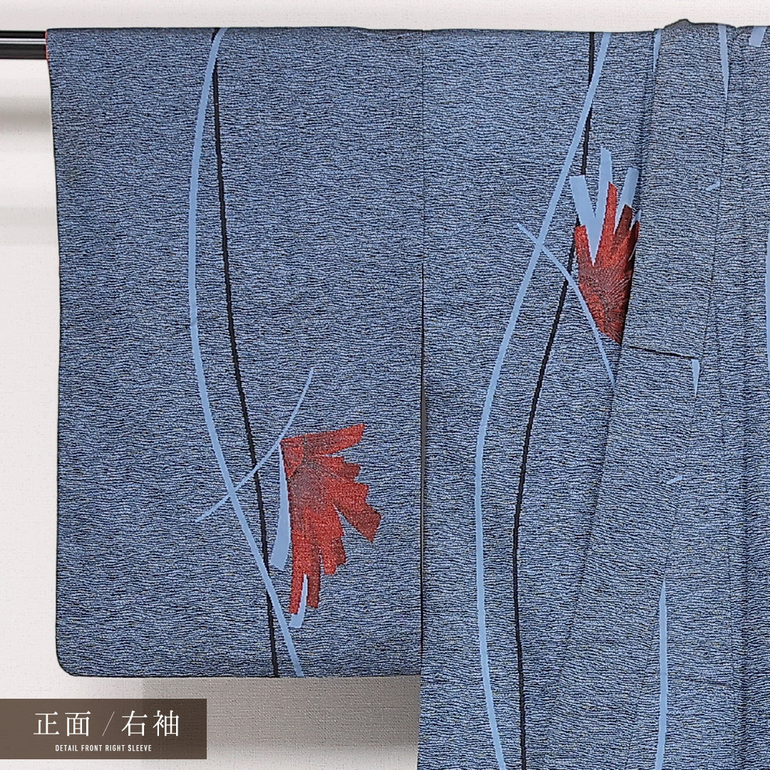 アンティーク お召 袷 身丈149cm 裄丈60.5cm Bランク 正絹 バチ衿 XSサイズ 漆糸 創作柄 水色系 レトロ 華やか 1265-13279
