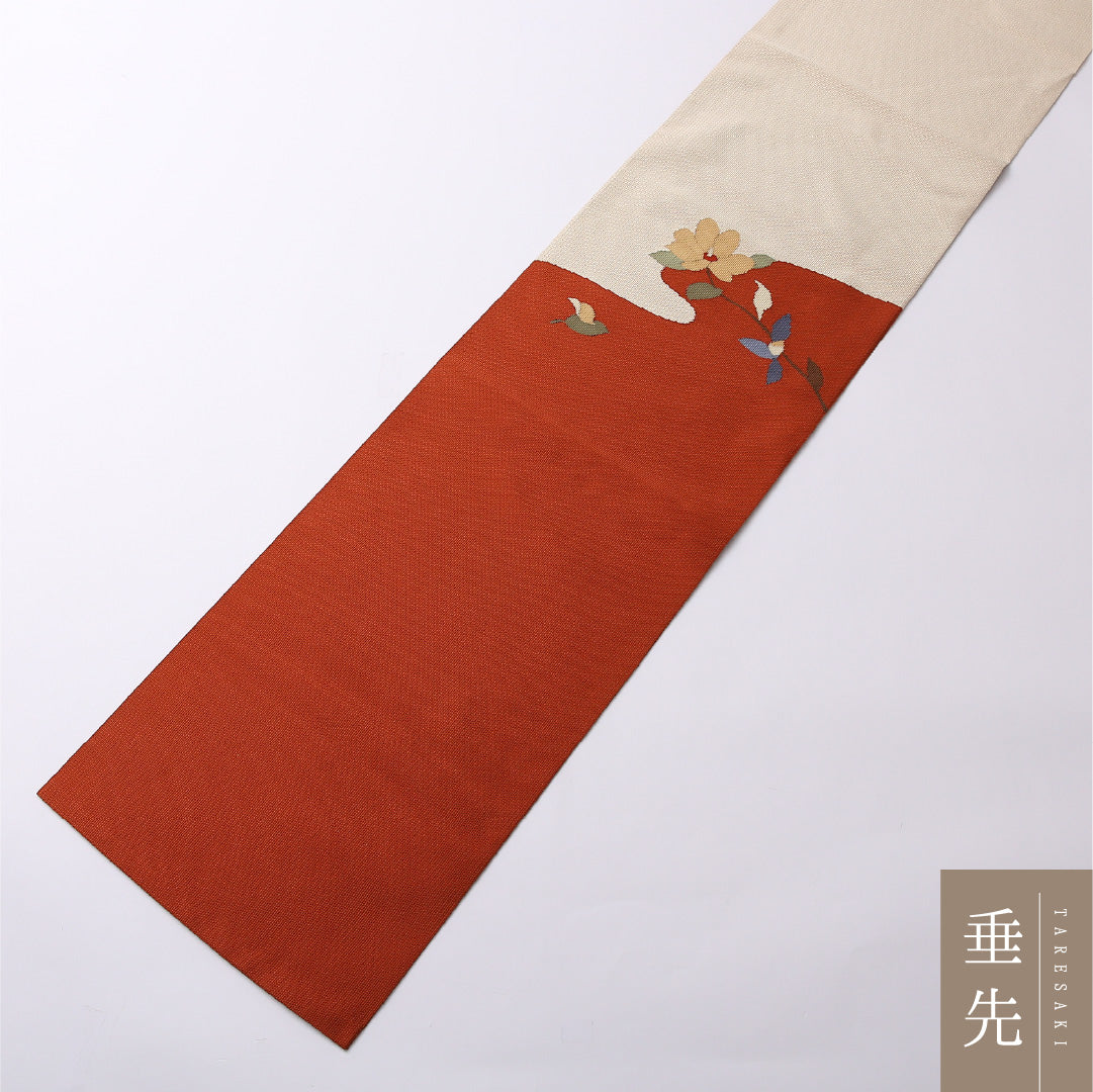 八寸名古屋帯 Sランク 帯丈369cm 正絹 ポイント柄 松葉仕立て 織り カジュアル 花柄 朱系 LP 1245-02680