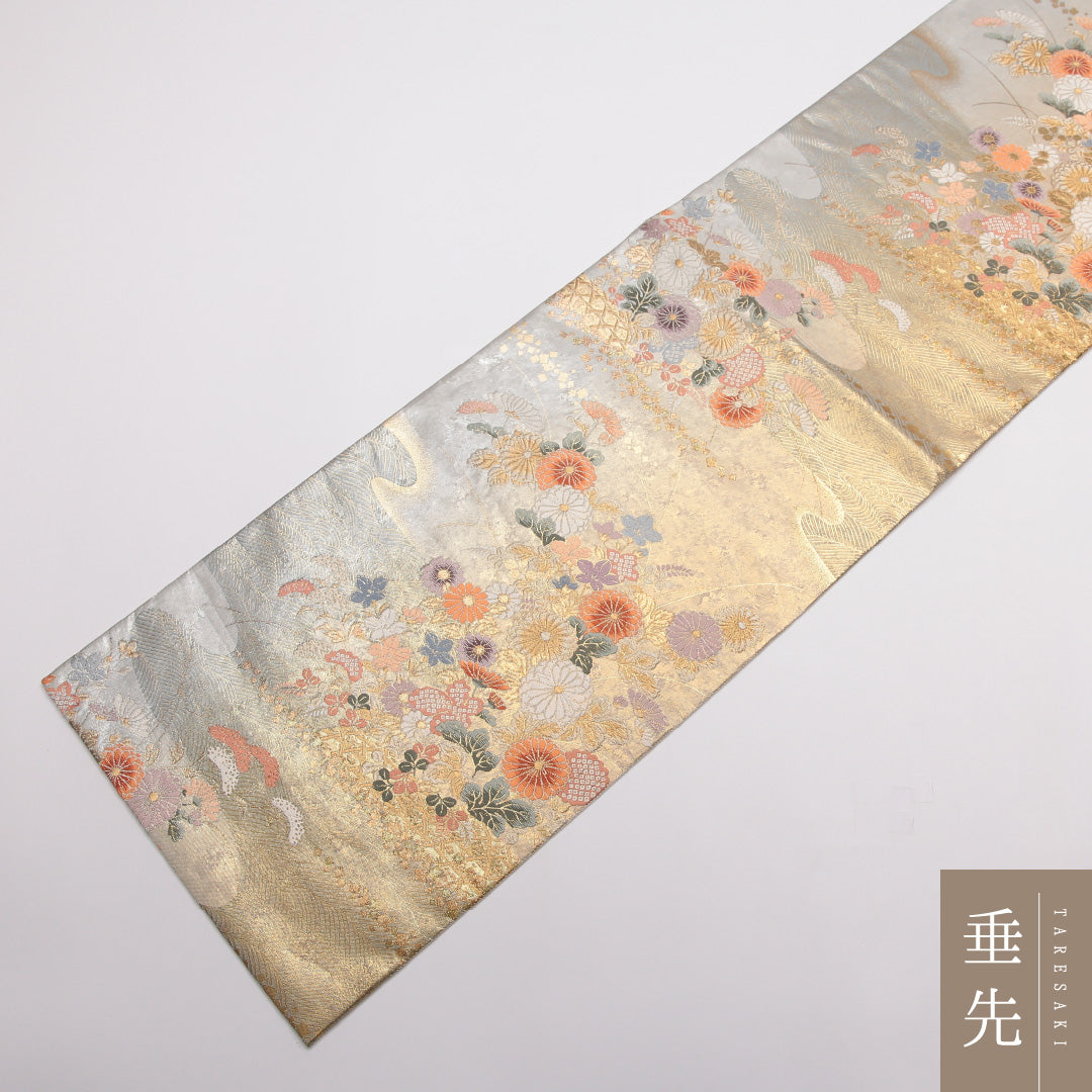 袋帯 帯丈440cm 正絹 六通 フォーマル 琳派 光悦垣 光琳波 四季草花 金系 1243-01458