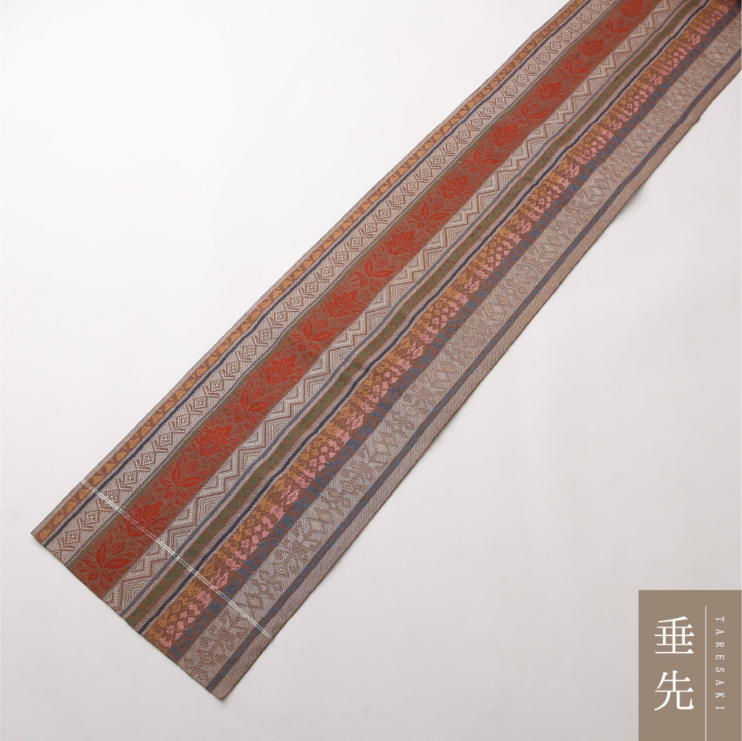 八寸名古屋帯 Aランク 帯丈344cm 正絹 全通 開き仕立て 織り カジュアル 紬 間道 多色系 RP 1245-02413