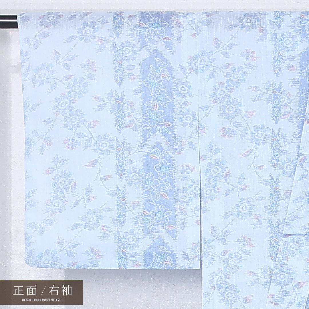 夏物 紬 身丈156cm 裄丈66cm Cランク M 麻 洗える着物 単衣 バチ衿 矢絣 椿 カジュアル 水色系 1216-12298
