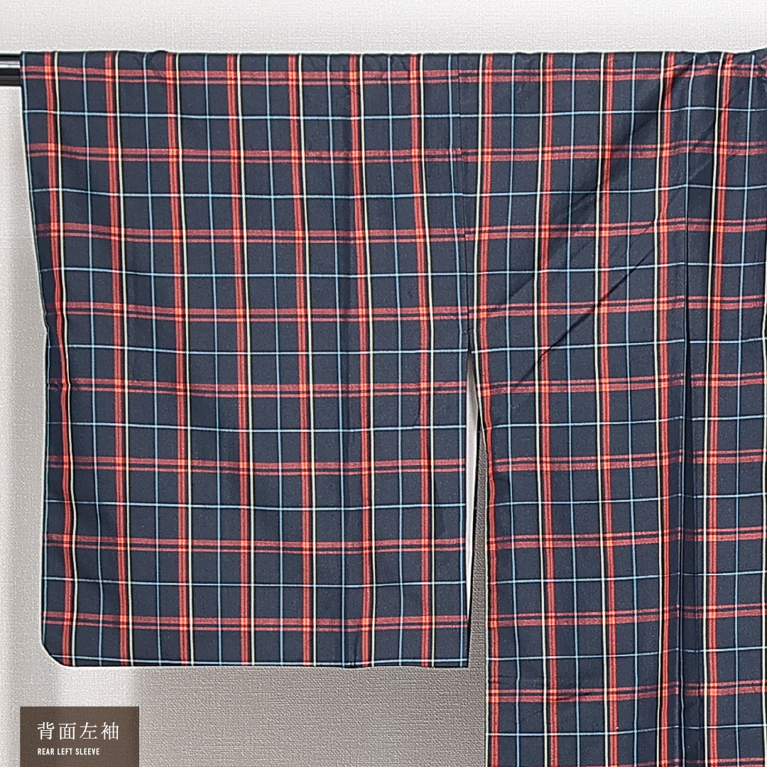 道行コート 袷 身丈90cm 裄丈65cm 正絹 Sランク セミフォーマル Mサイズ ポケットあり 格子 紺系 RP 1237-14688